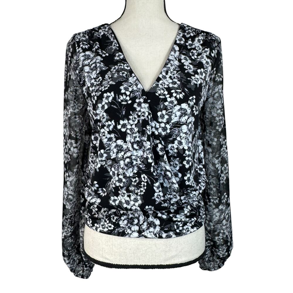 WHBM Small Blouson Top Surplice V-Neck Lined Floral Stretch Long Balloon Sleeves